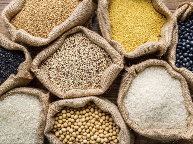 <p>Varieties of grains, seeds and raw quinoa</p>
