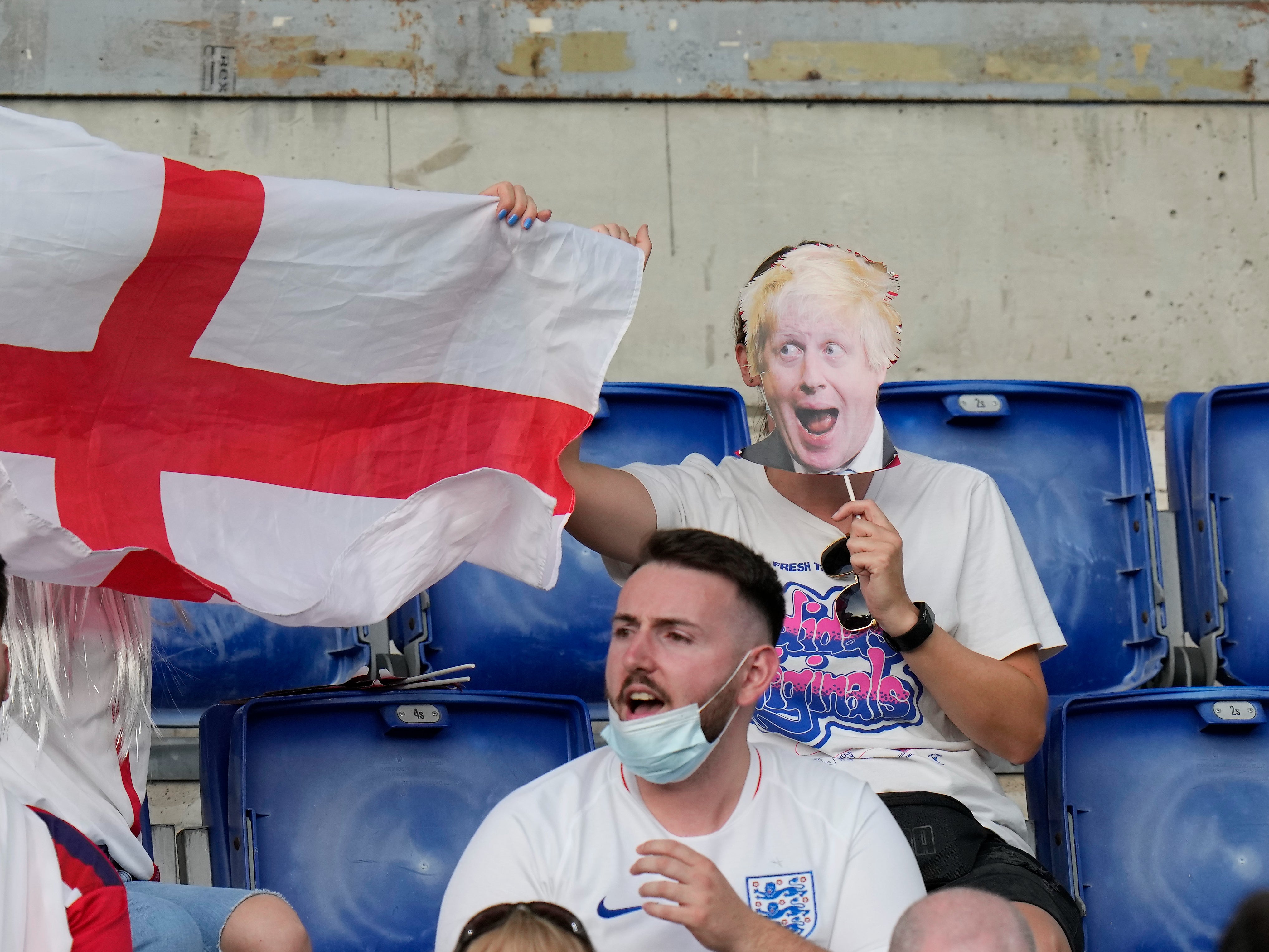 An England fan with a Boris Johnson mask pictured at Saturday’s victory over Ukraine in Rome