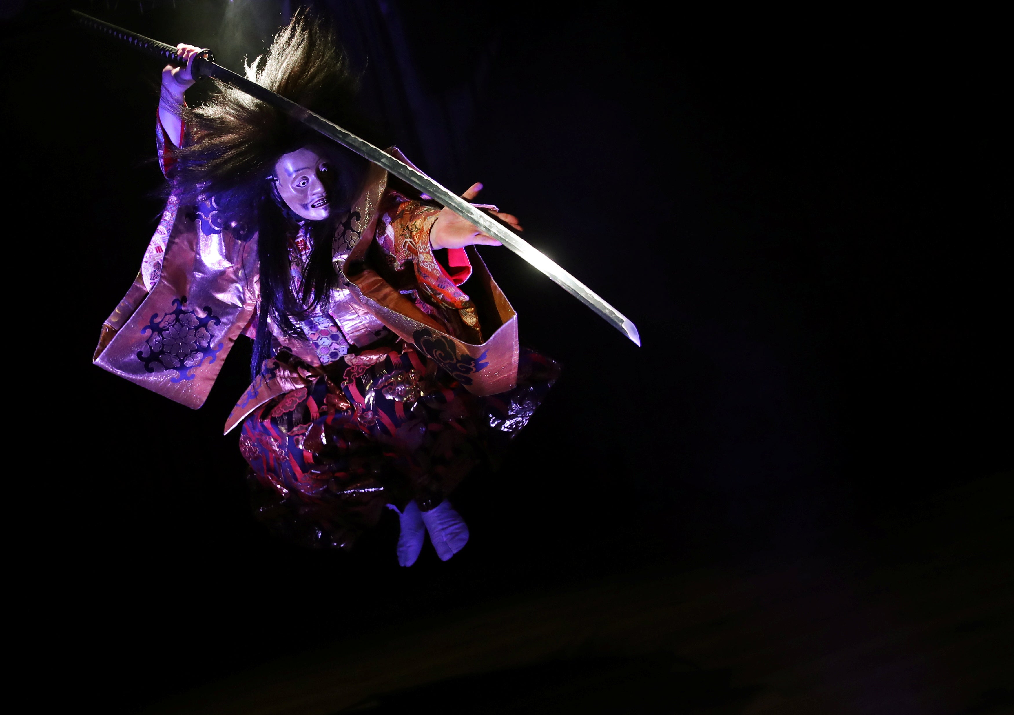 Koshiro Minamoto, the founder of BUGAKU and a Samurai martial arts instructor, performs BUGAKU, a composite Samurai Art of Japanese traditional martial arts and the traditional Japanese performing art Noh