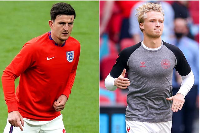 <p>Harry Maguire, left, will be tasked with keeping Kasper Dolberg quiet</p>