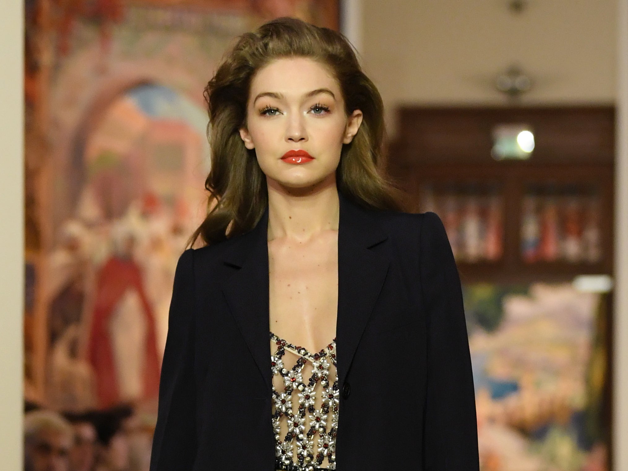 <p>Gigi Hadid walks the runway during the Lanvin show as part of Paris Fashion Week on 26 February 2020 in Paris, France</p>