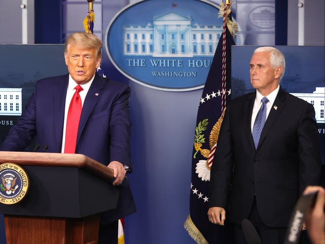 <p>Then-President Donald Trump speaks as then-Vice President Mike Pence looks on in the James Brady Press Briefing Room at the White House on November 24, 2020. </p>