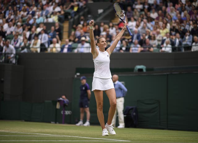 <p>Karolina Pliskova celebrates after defeating Viktorija Golubic</p>