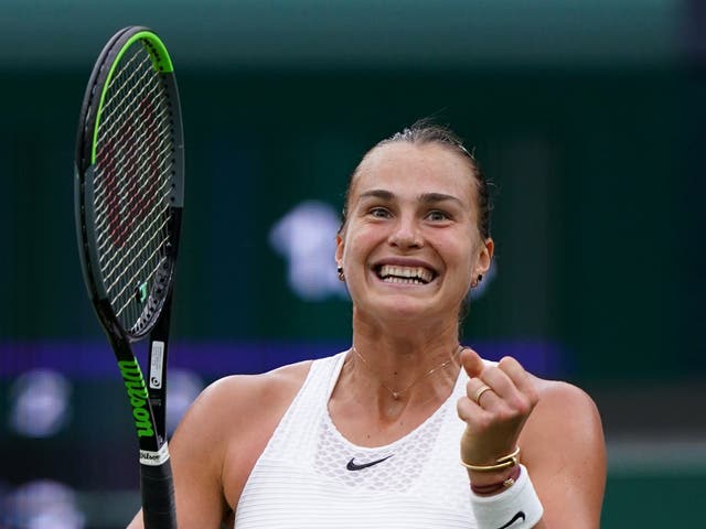 <p>Aryna Sabalenka celebrates after beating Ons Jabeur</p>