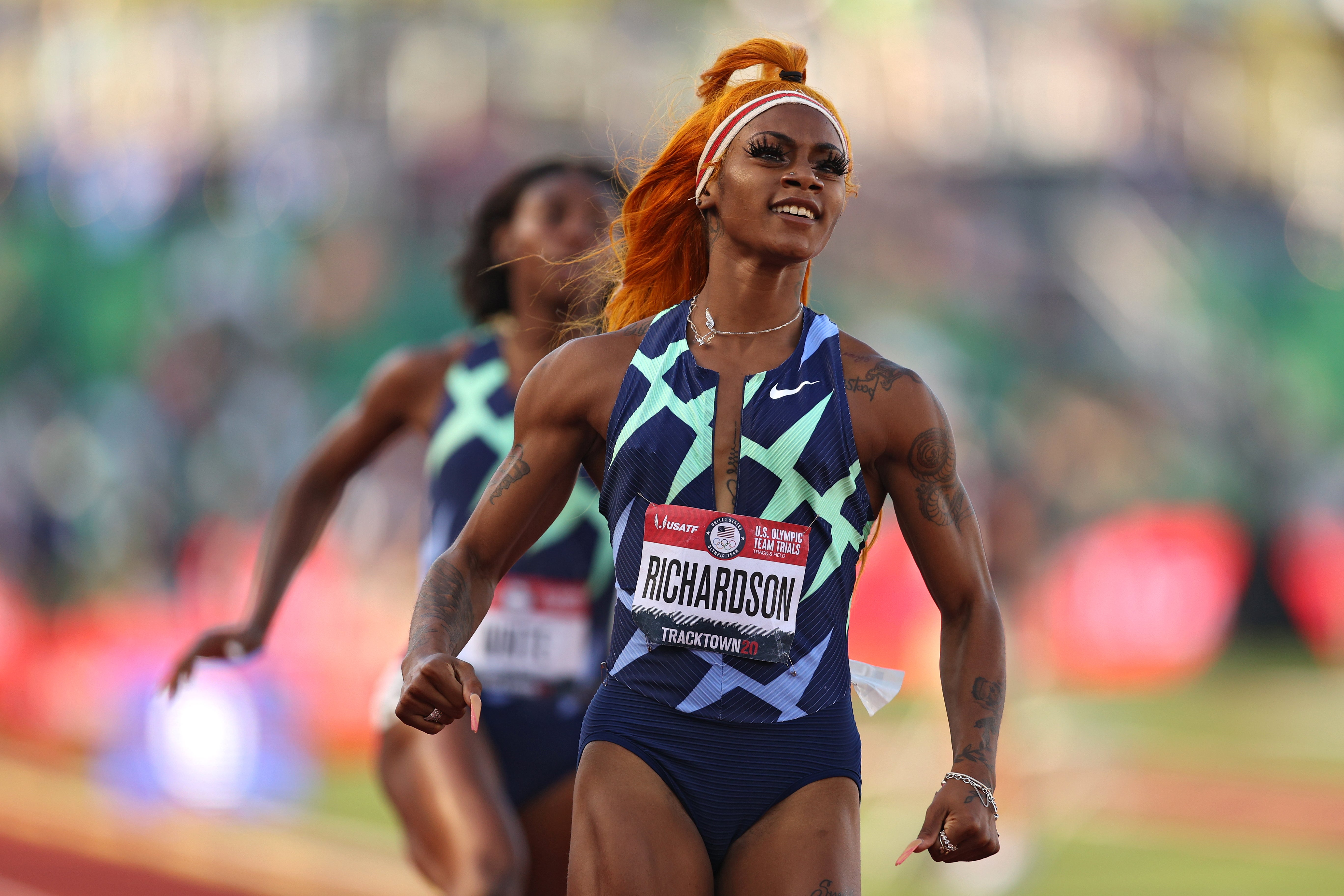 Sha’Carri Richardson runs in the Women’s 100 Meter semifinal on day 2 of the 2020 US Olympic Track & Field Team Trials at Hayward Field on 19 June, 2021 in Eugene, Oregon. Ms Richardson has been suspended after testing positive for marijuana.