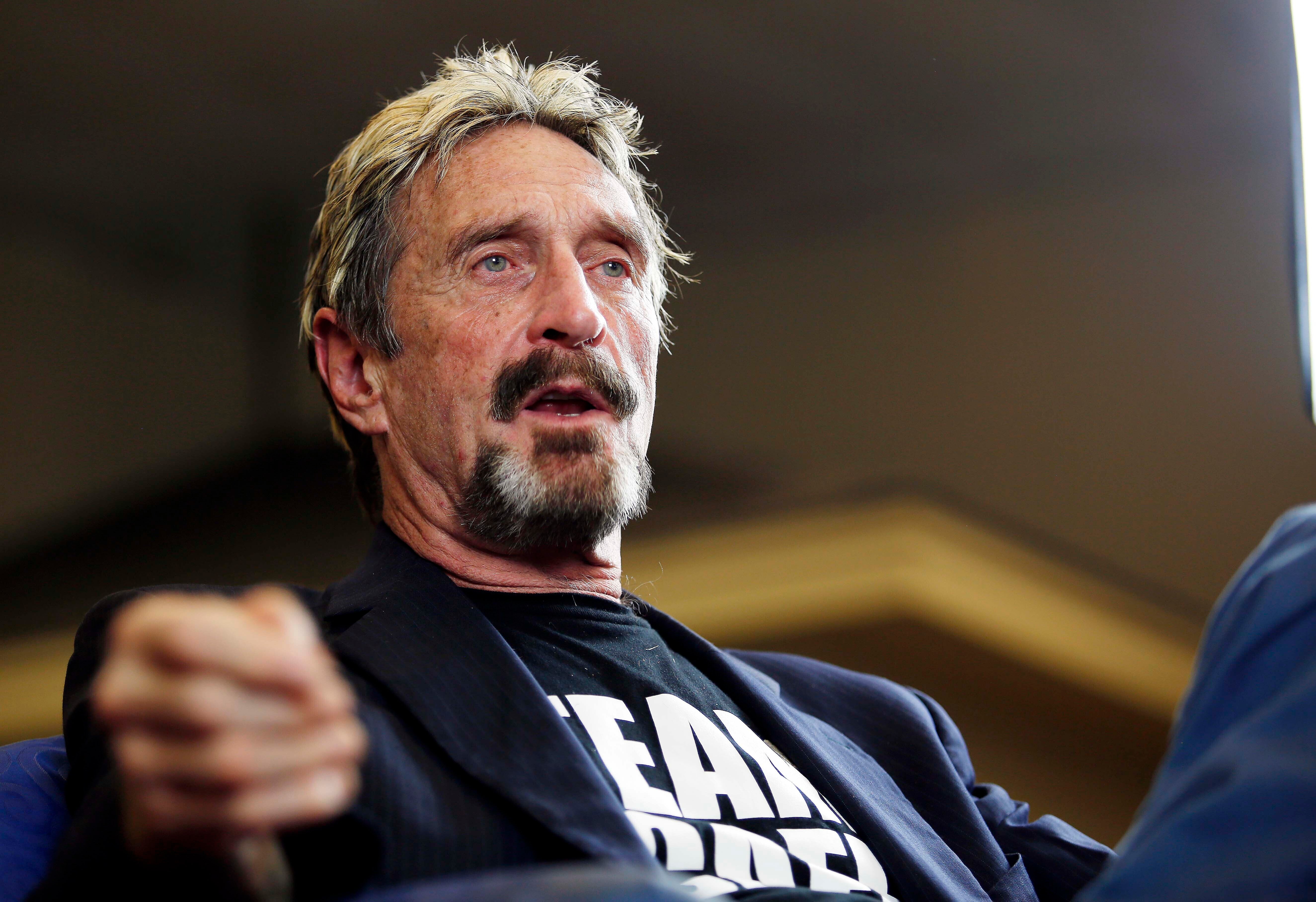 <p>2015, file photo, John McAfee announces his candidacy for president</p>