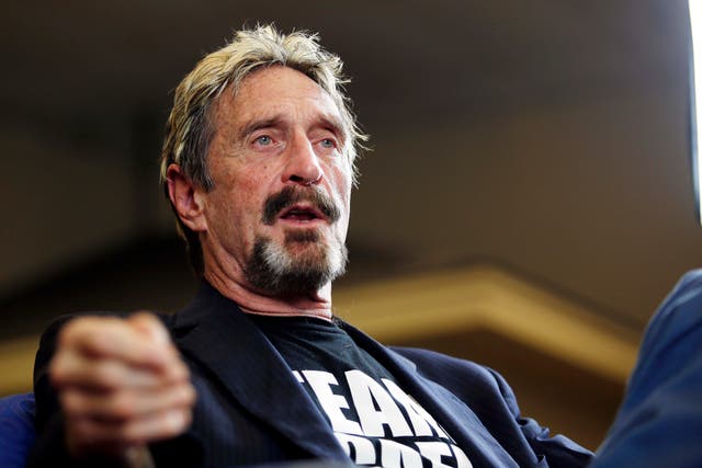 <p>2015, file photo, John McAfee announces his candidacy for president</p>