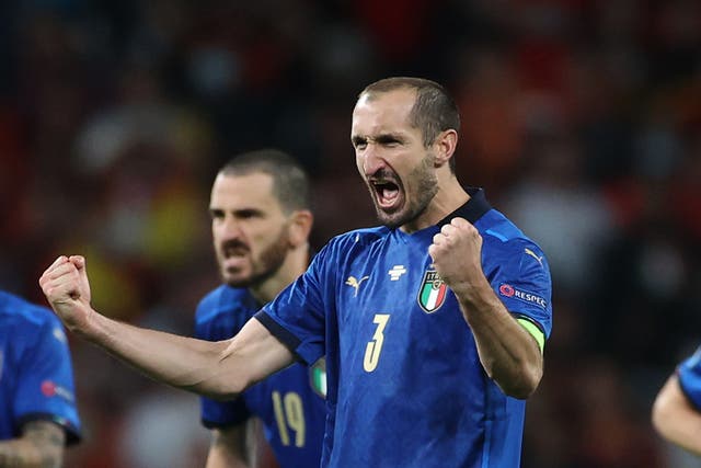 <p>Giorgio Chiellini of Italy celebrates during the penalty shoot</p>