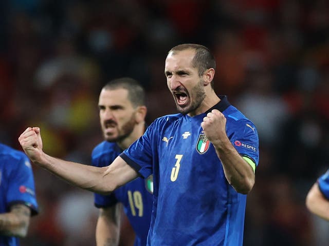 <p>Giorgio Chiellini of Italy celebrates during the penalty shoot</p>