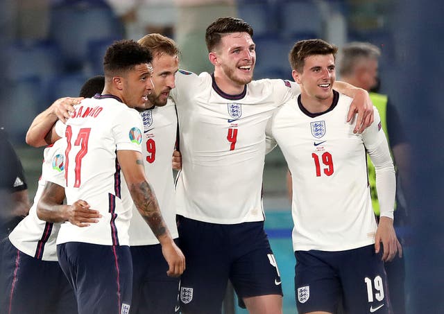England players celebrate their quarter-final victory against Ukraine in Rome.