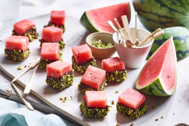 <p>Make these chocolate-dipped watermelon bites ahead and freeze for when you need last minute sweet treats</p>