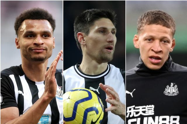<p>Jacob Murphy (left), Federico Fernandez (centre) and Dwight Gayle (right) have signed new deals with Newcastle</p>
