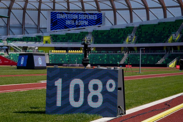 <p>La temperatura en Eugene, Oregon, el 27 de junio durante las pruebas de pista y campo olímpicas de EE. UU. Que se pospusieron debido al calor.</p>
