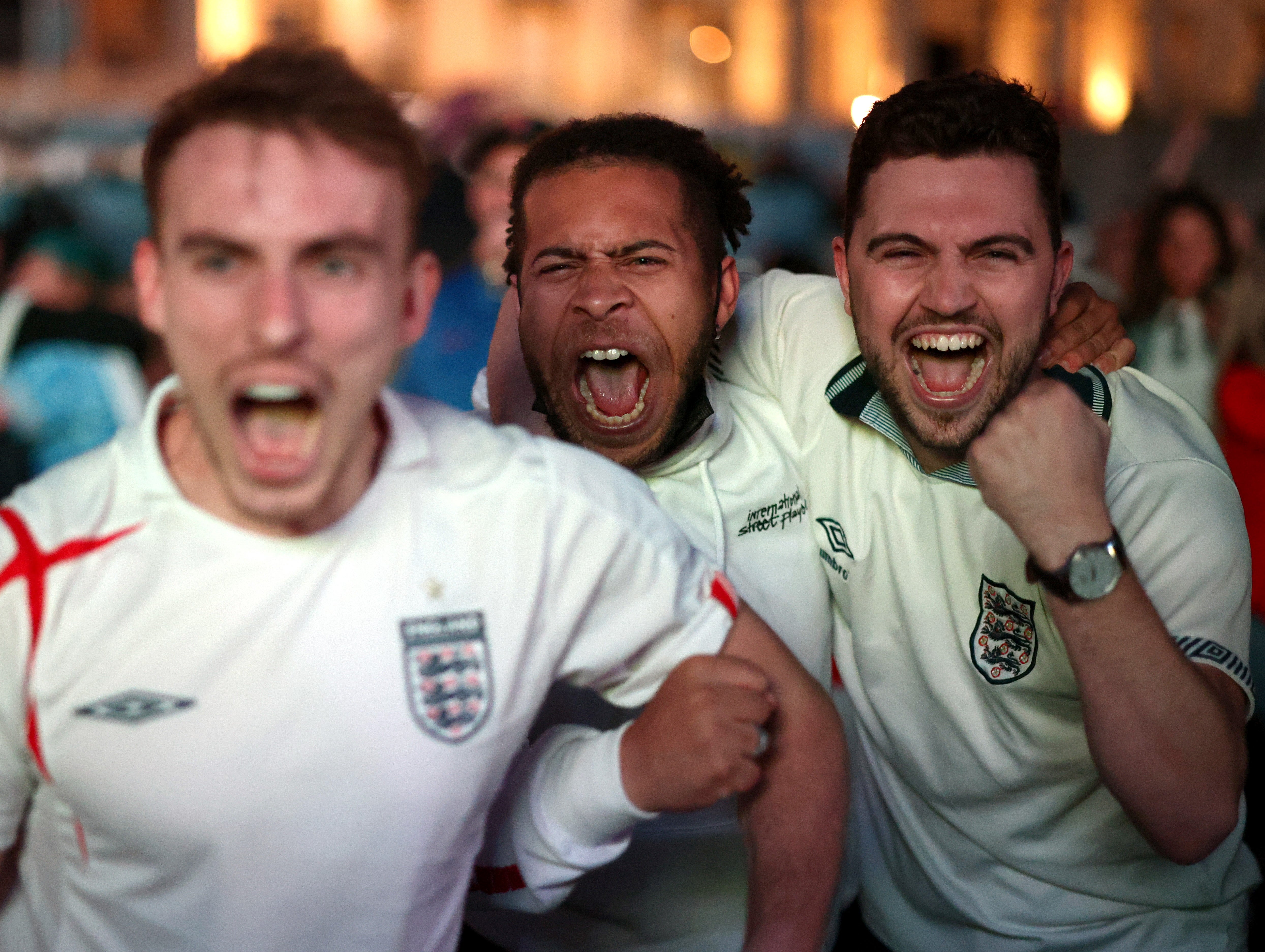 Fans celebrate England’s second goal in Trafalgar Square