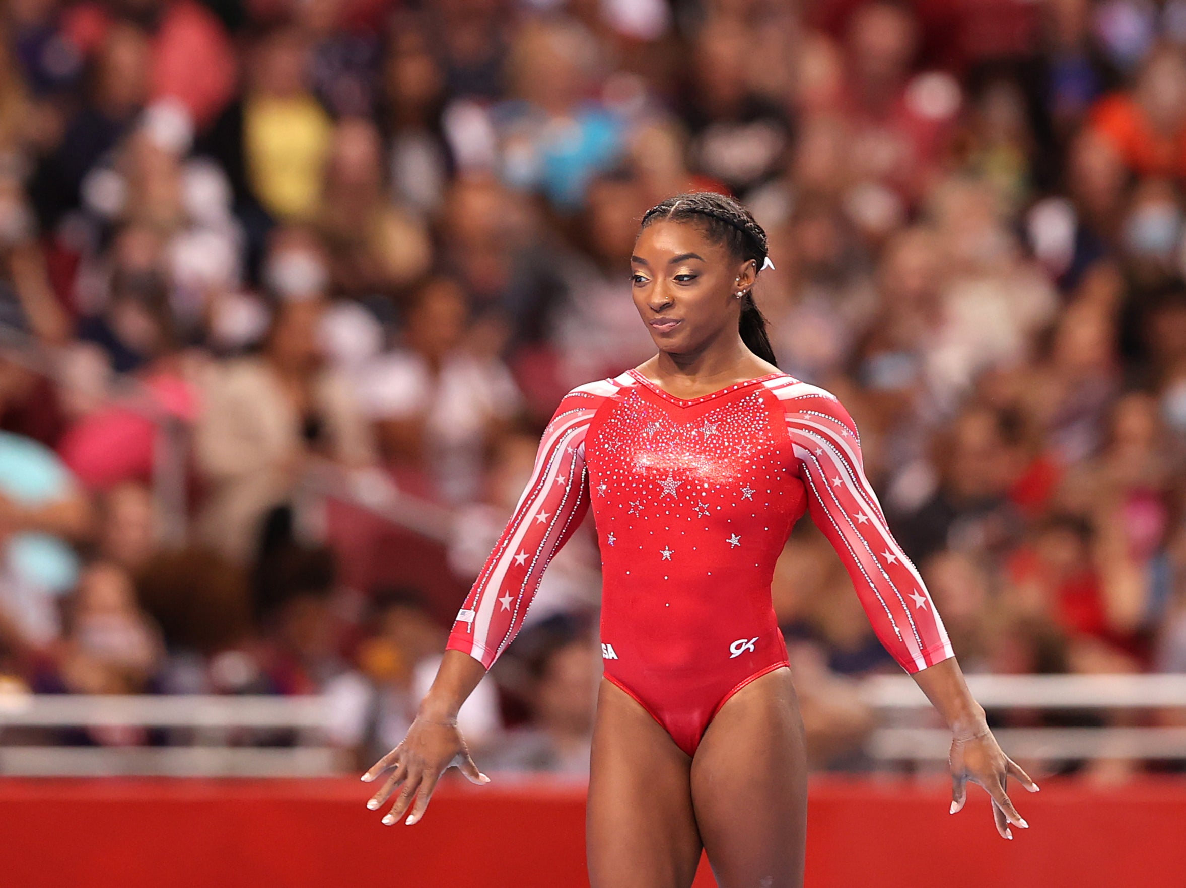 Simone Biles competes in the floor exercise during the Women’s competition of the 2021 US Gymnastics Olympic Trials at America’s Center on 27 June, 2021 in St Louis, Missouri. Ms Biles has spoken out about the trauma she faced after being sexually abused by Larry Nassar.