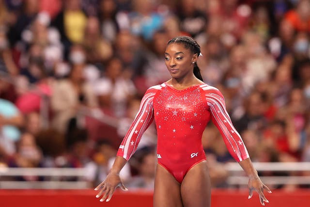 <p>Simone Biles competes in the floor exercise during the Women’s competition of the 2021 US Gymnastics Olympic Trials at America’s Center on 27 June, 2021 in St Louis, Missouri. Ms Biles has spoken out about the trauma she faced after being sexually abused by Larry Nassar.</p>