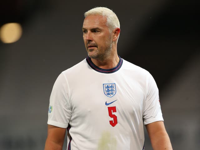 <p>McGuinness playing for England at Soccer Aid 2020</p>
