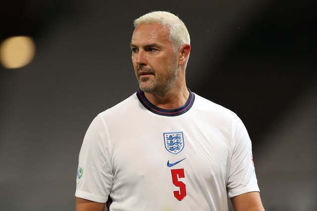 <p>McGuinness playing for England at Soccer Aid 2020</p>