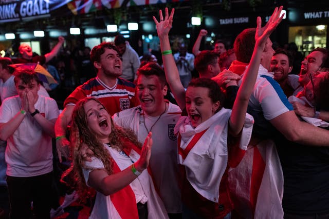 <p>England fans cheer during England v Denmark on 7 July, 2020</p>