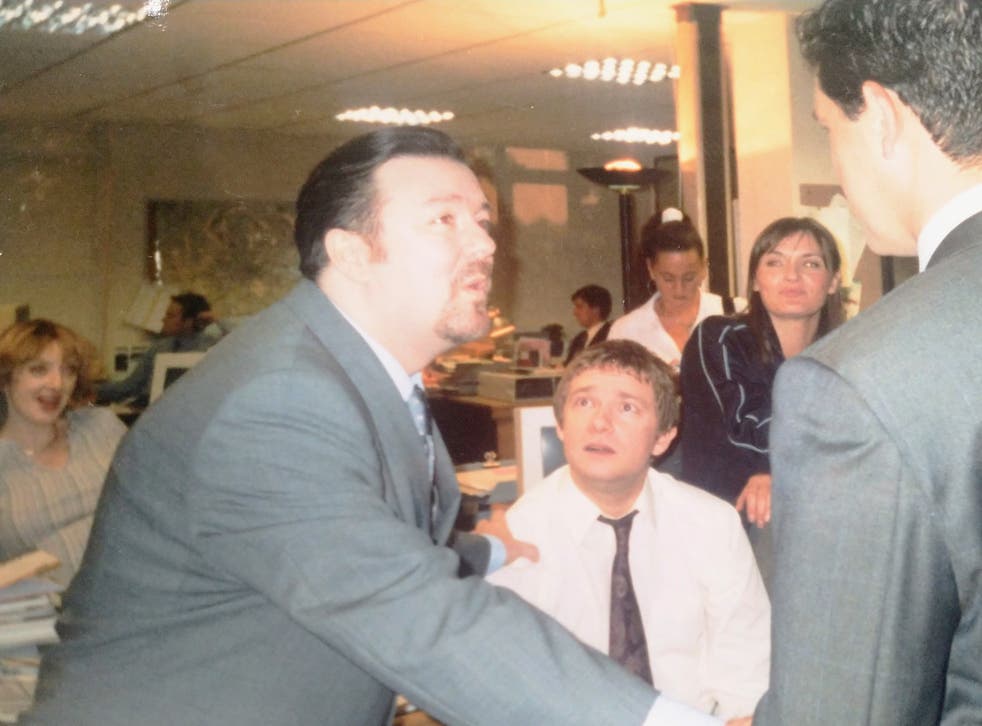 <p>The creation of a classic: Ricky Gervais and Martin Freeman on the set of ‘The Office’ in 2001</p>