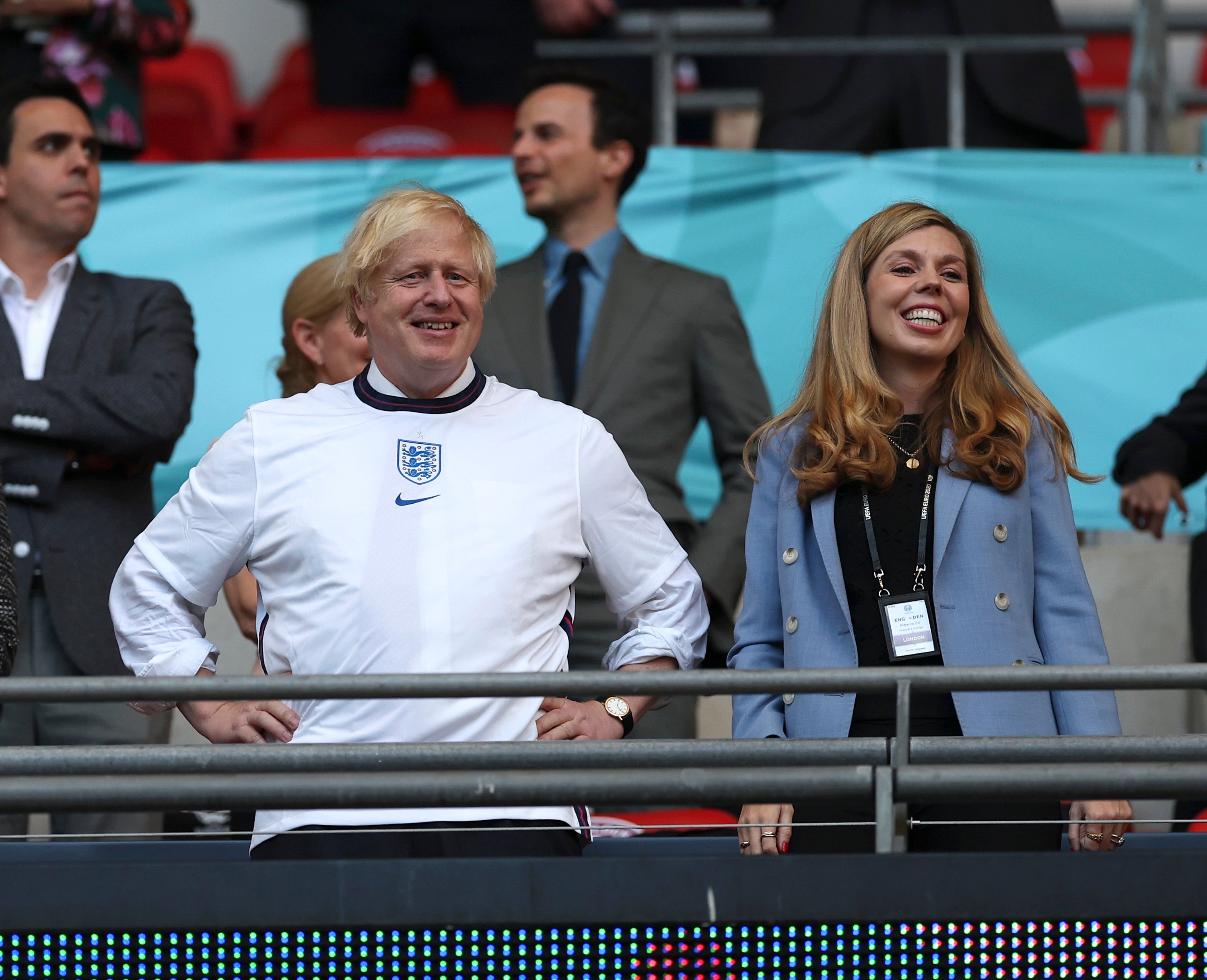 Boris Johnson, Prime Minister, and his wife, Carrie Johnson, are seen prior to the Euro semi-final match between England and Denmark at Wembley