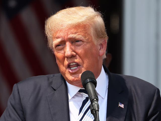 <p>Former US President Donald Trump speaks during a press conference announcing a class action lawsuit against big tech companies at the Trump National Golf Club Bedminster on 7 July 2021</p>