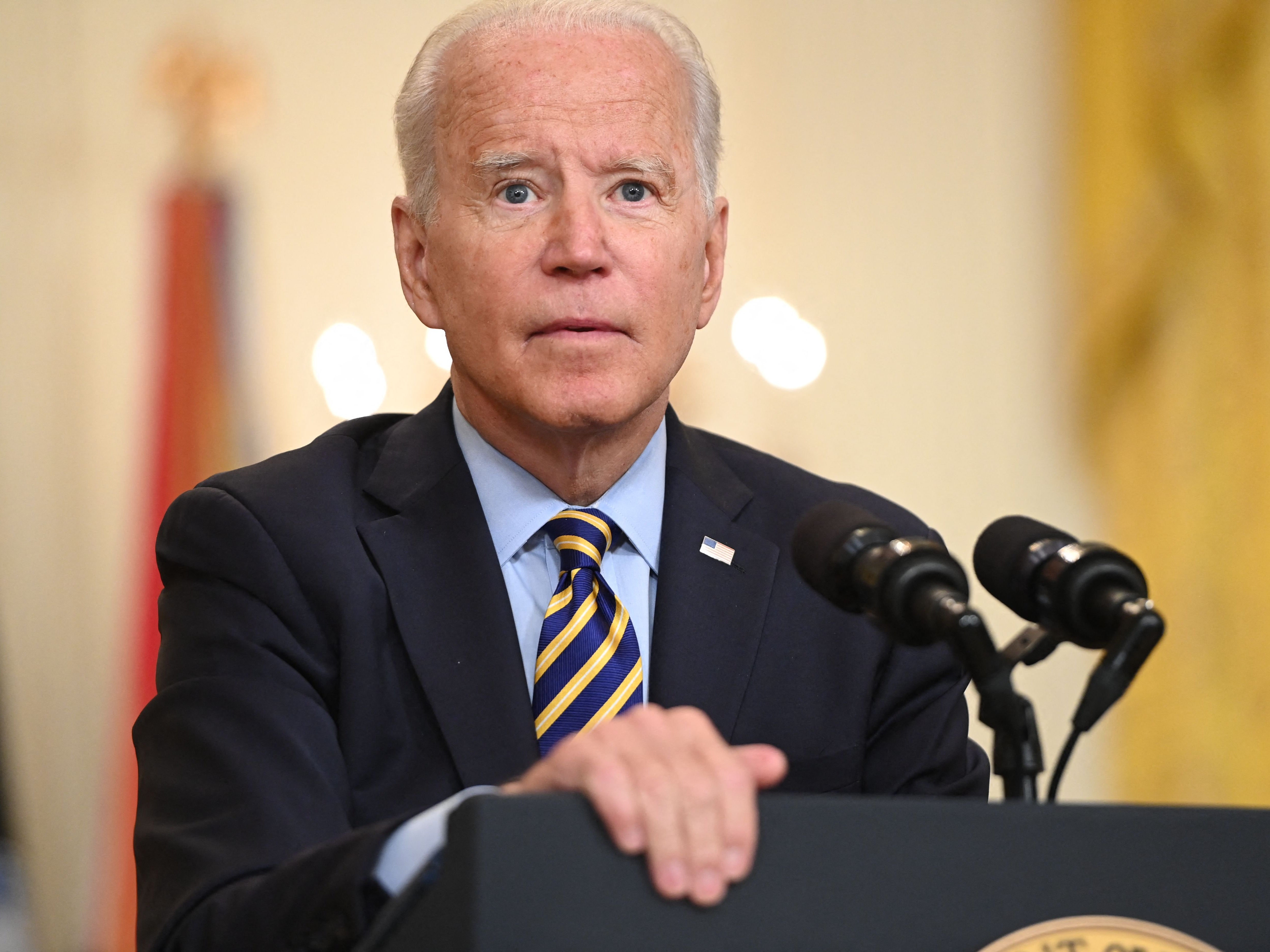 <p>US President Joe Biden speaks about the situation in Afghanistan from the East Room of the White House in Washington, DC, July 8, 2021.</p>
