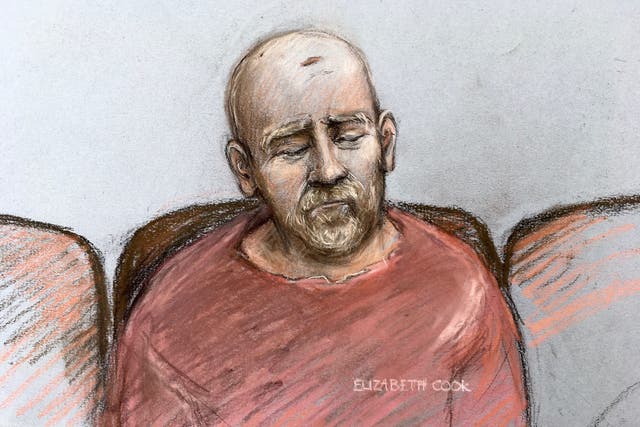 <p>A court artist sketch Wayne Couzens pleading guilty to killing Sarah Everard </p>