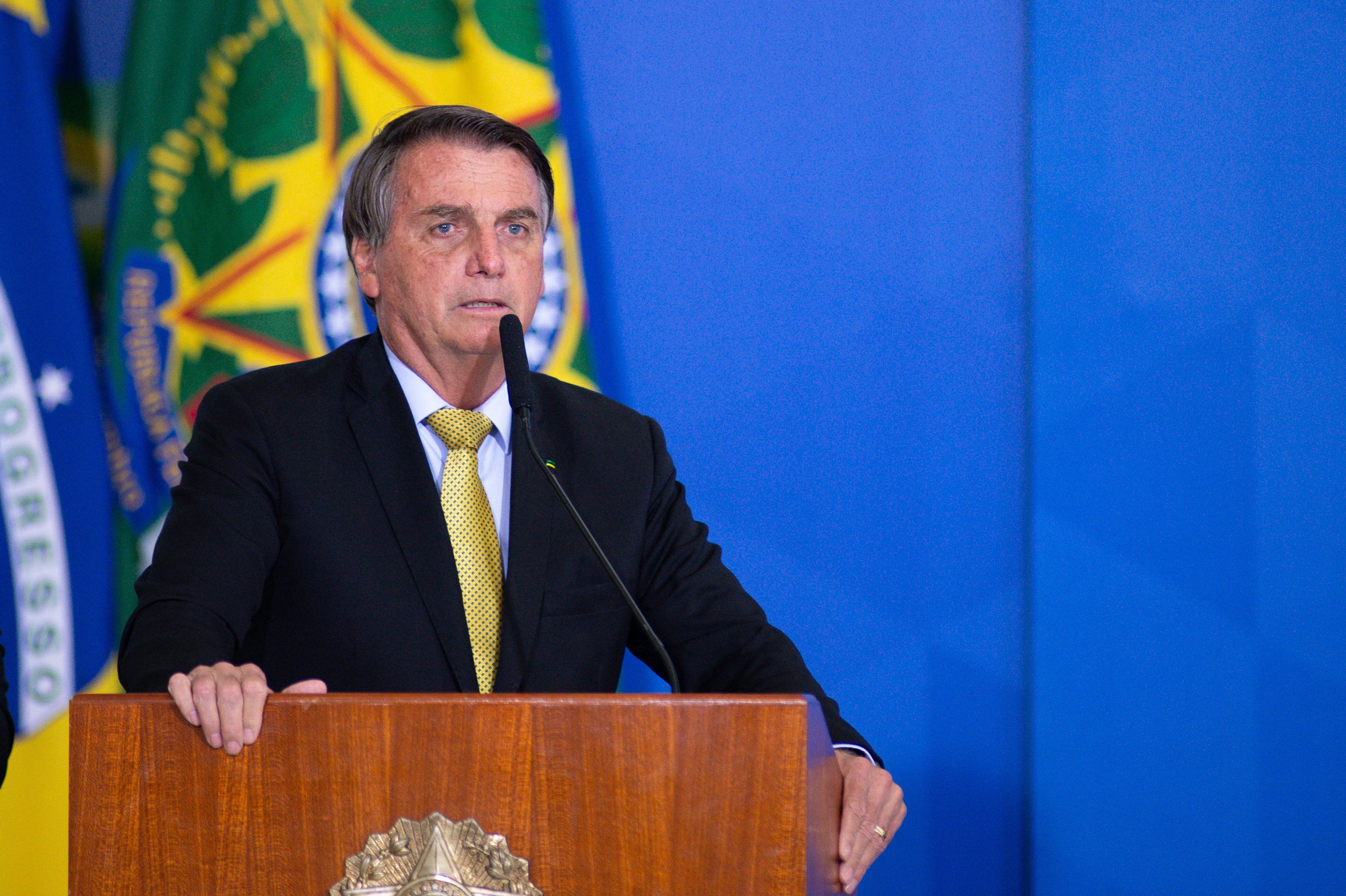 President of Brazil Jair Bolsonaro speaks during an event to launch a new register for professional workers of the fish industry at Planalto Government Palace on 29 June 2021 in Brasilia, Brazil