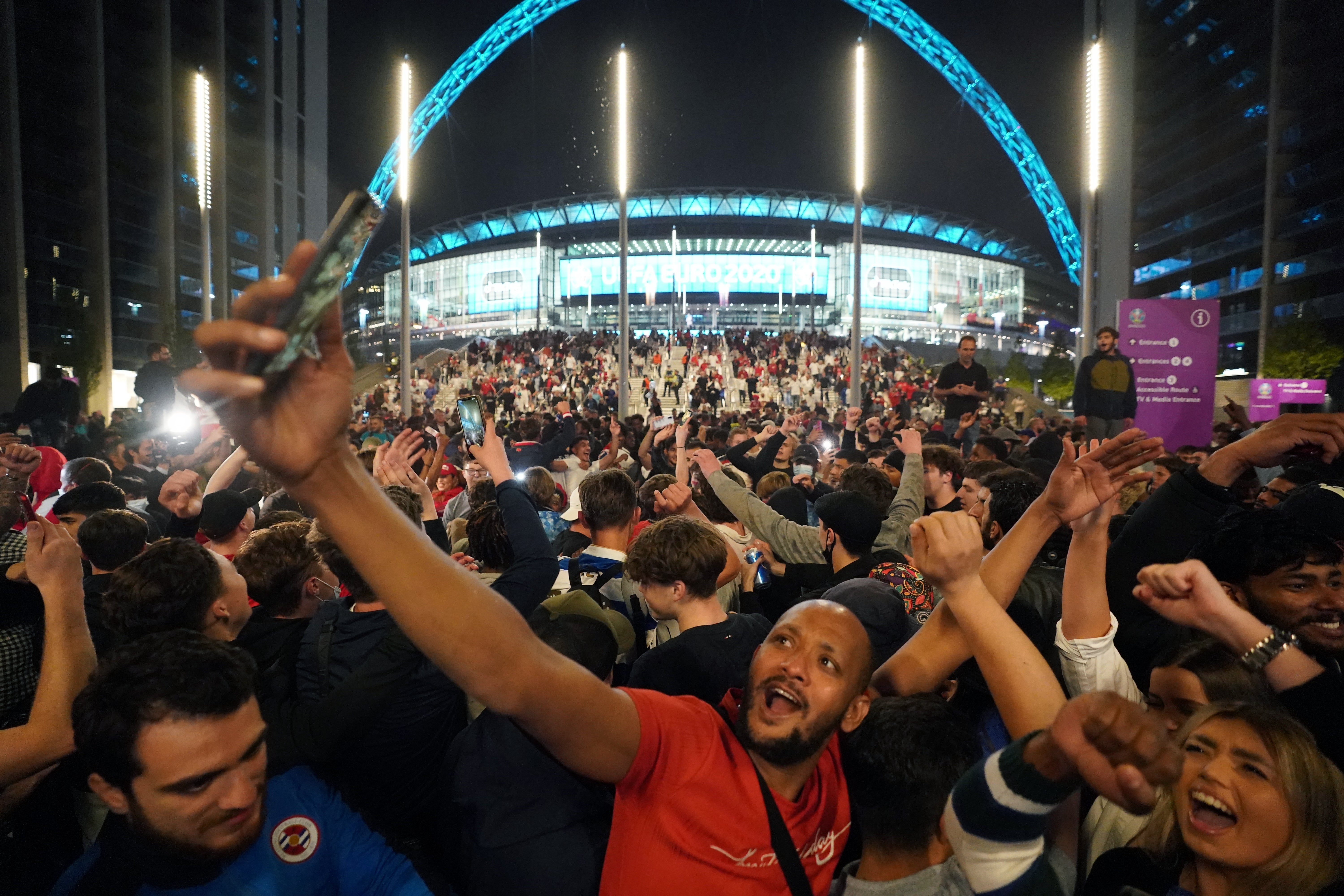 England fans celebrate the 2-1 semi-final win against Denmark at Wembley earlier this week