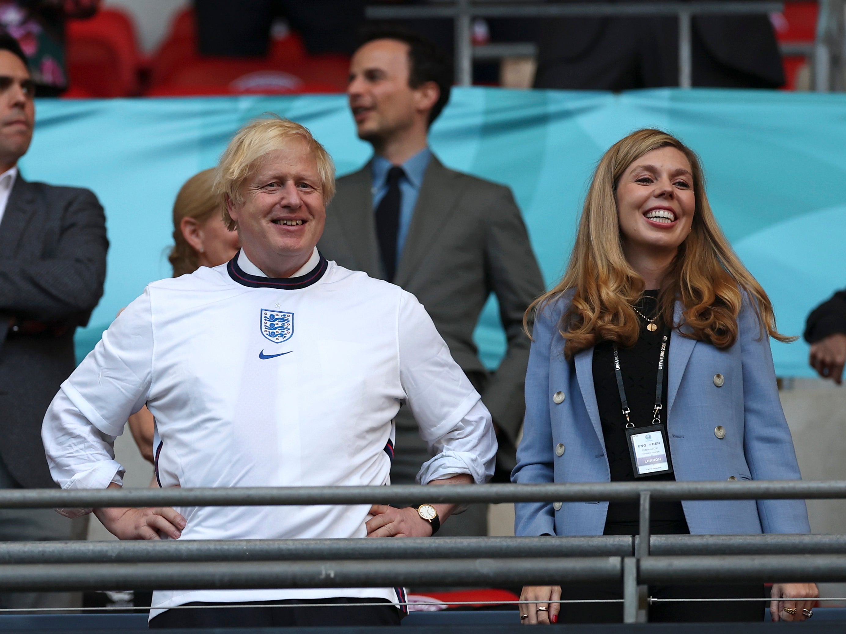 Bandwagon Boris: The PM attends England’s semi-final fixture with his wife, Carrie Symonds