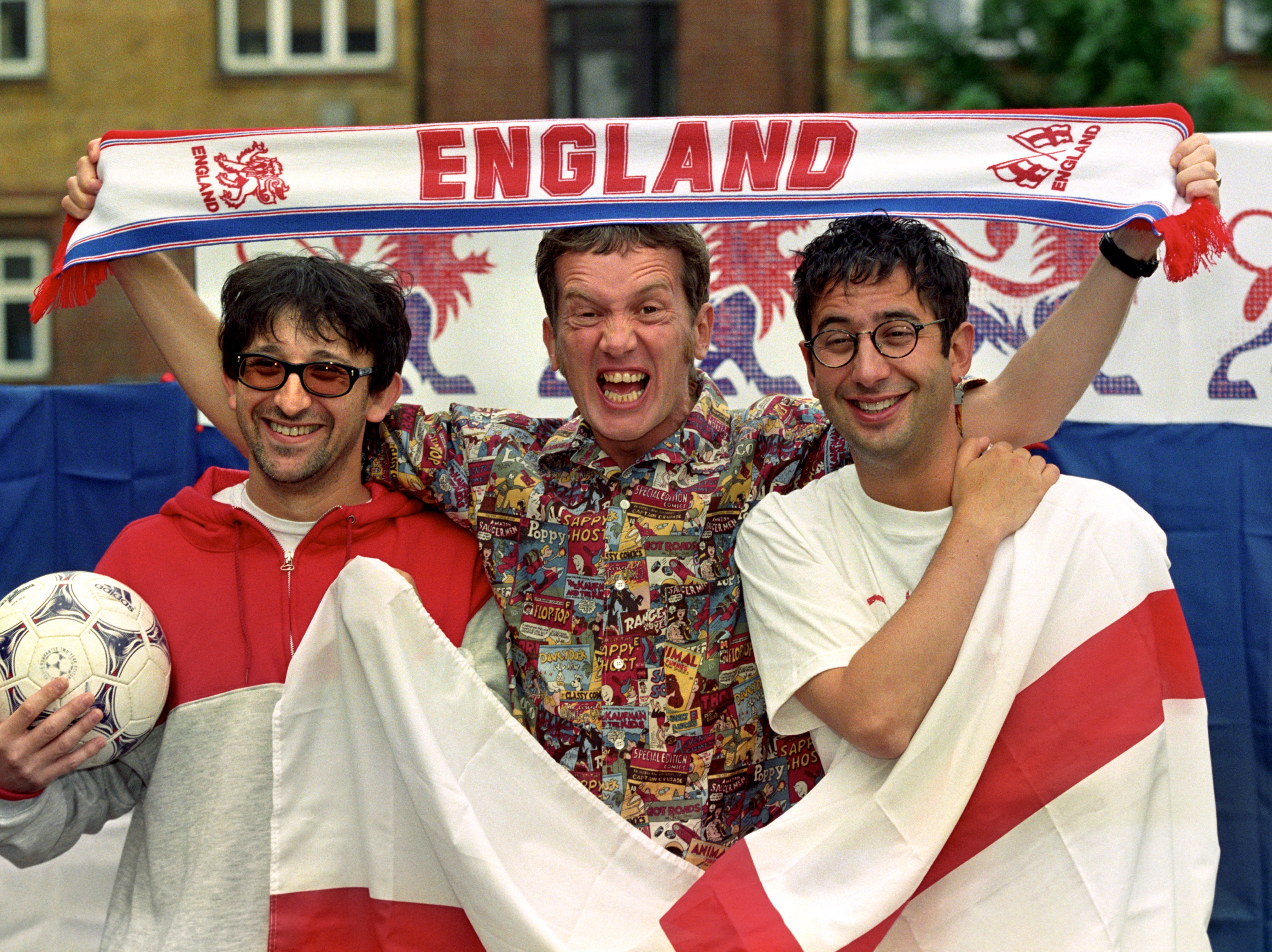 It’s coming home: Ian Broudie, Frank Skinner and David Baddiel photographed in 1998, announcing the re-release of ‘Three Lions'