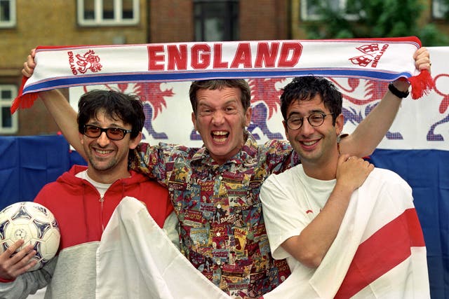 <p>It’s coming home: Ian Broudie, Frank Skinner and David Baddiel photographed in 1998, announcing the re-release of ‘Three Lions'</p>
