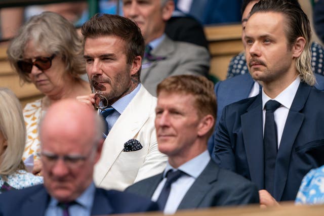 <p>David Beckham and Tim Peake in the Royal Box at Wimbledon on Friday 9 July</p>