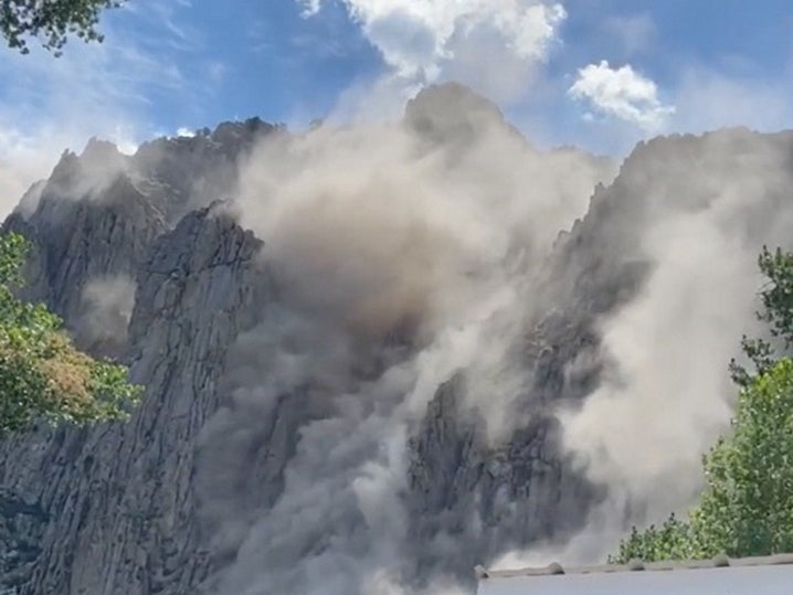 <p>Dust rising from side of cliff after an earthquake in Coleville, California, U.S. July 8, 2021 in this still image from a social media video. </p>