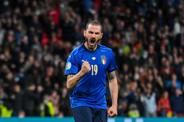 <p>Italy’s Leonardo Bonucci reacts after scoring a penalty during Euro 2020 semi-final shoot-out against Spain at Wembley</p>
