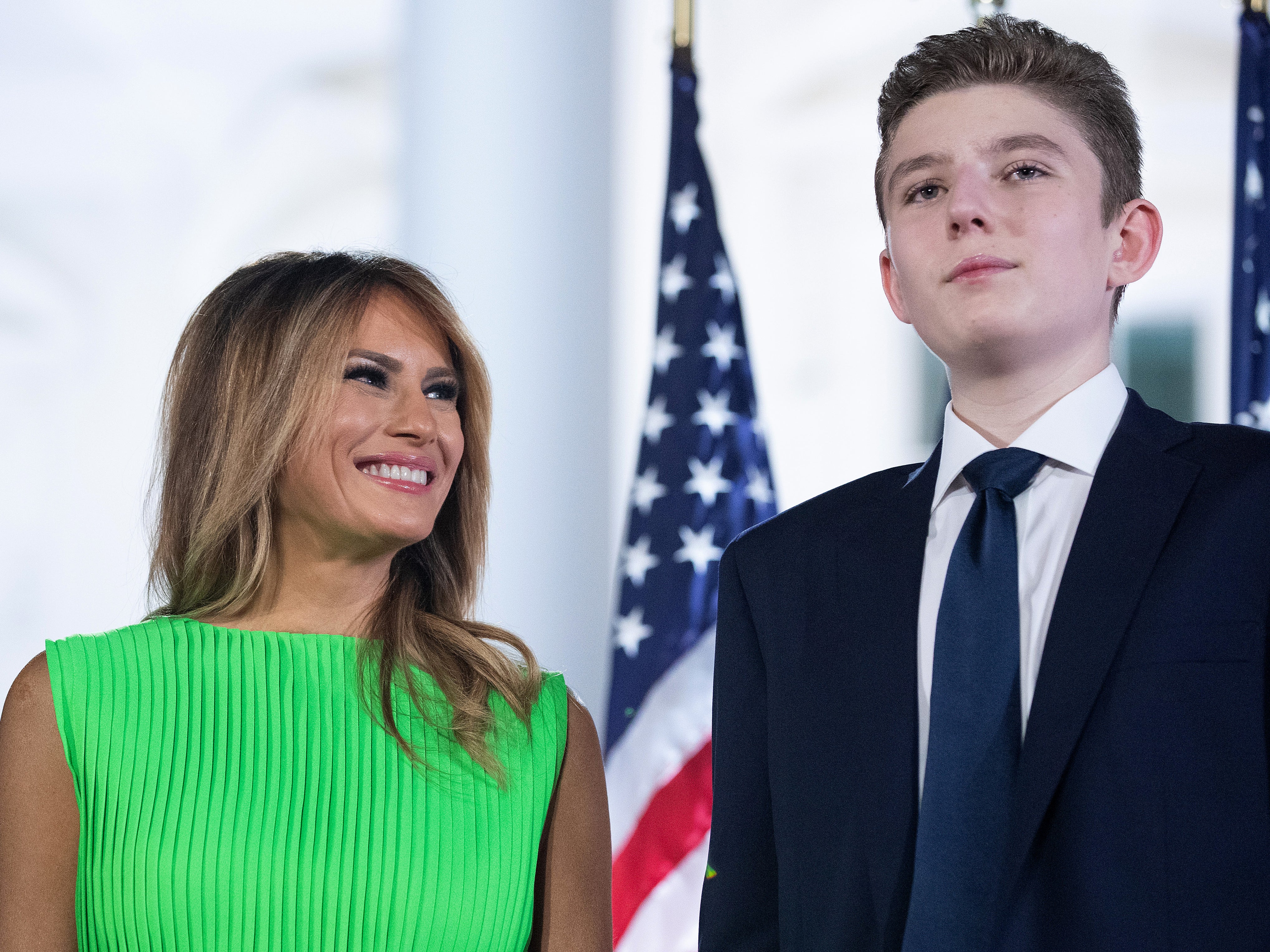 First lady Melania Trump with her son Barron at the White House on 27 August 2020