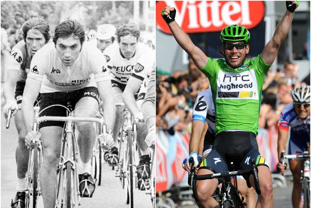 <p>Eddy Merckx, left, and Mark Cavendish</p>
