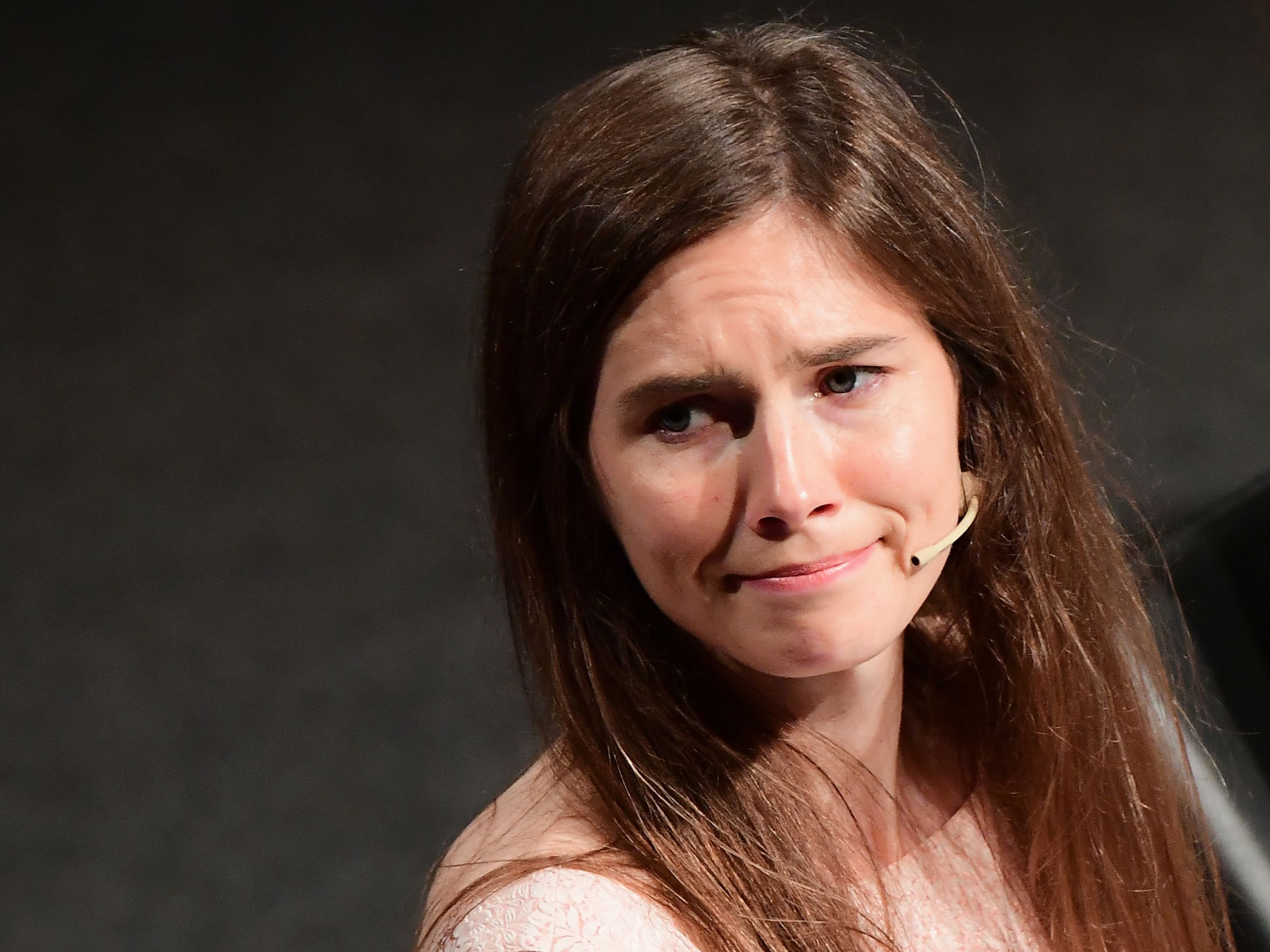 Amanda Knox attends a panel discussion titled ‘Trial by Media’ during the Criminal Justice Festival at the Law University of Modena, northern Italy on 15 June 2019