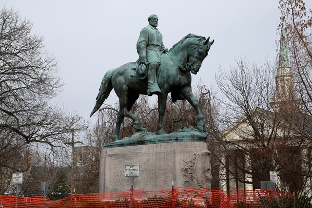 <p>The statue of Robert E. Lee is seen uncovered in Emancipation Park in Charlottesville, Va., on Wednesday, Feb. 28, 2018.  Charlottesville said in a news release Friday, July 9, 2021,   that the equestrian statue of Confederate Gen. Robert E. Lee as well as a nearby one of Confederate Gen. Thomas “Stonewall” Jackson will be taken down Saturday. </p>