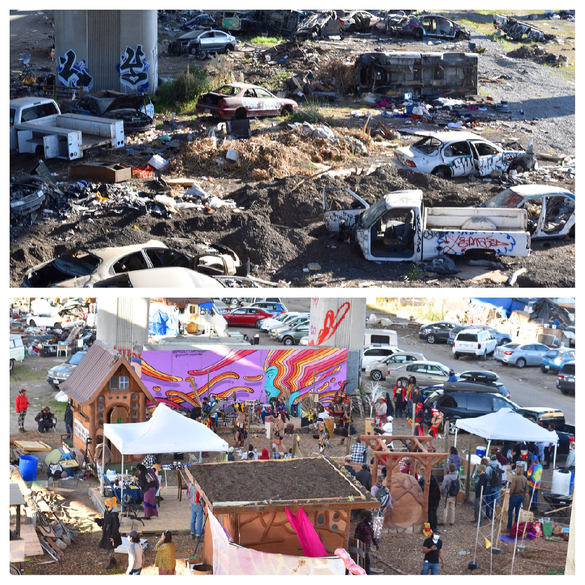 A before-and-after photo shows the site where unhoused people cleared a section of vacant land and turned it into a meeting place called Cob on Wood.