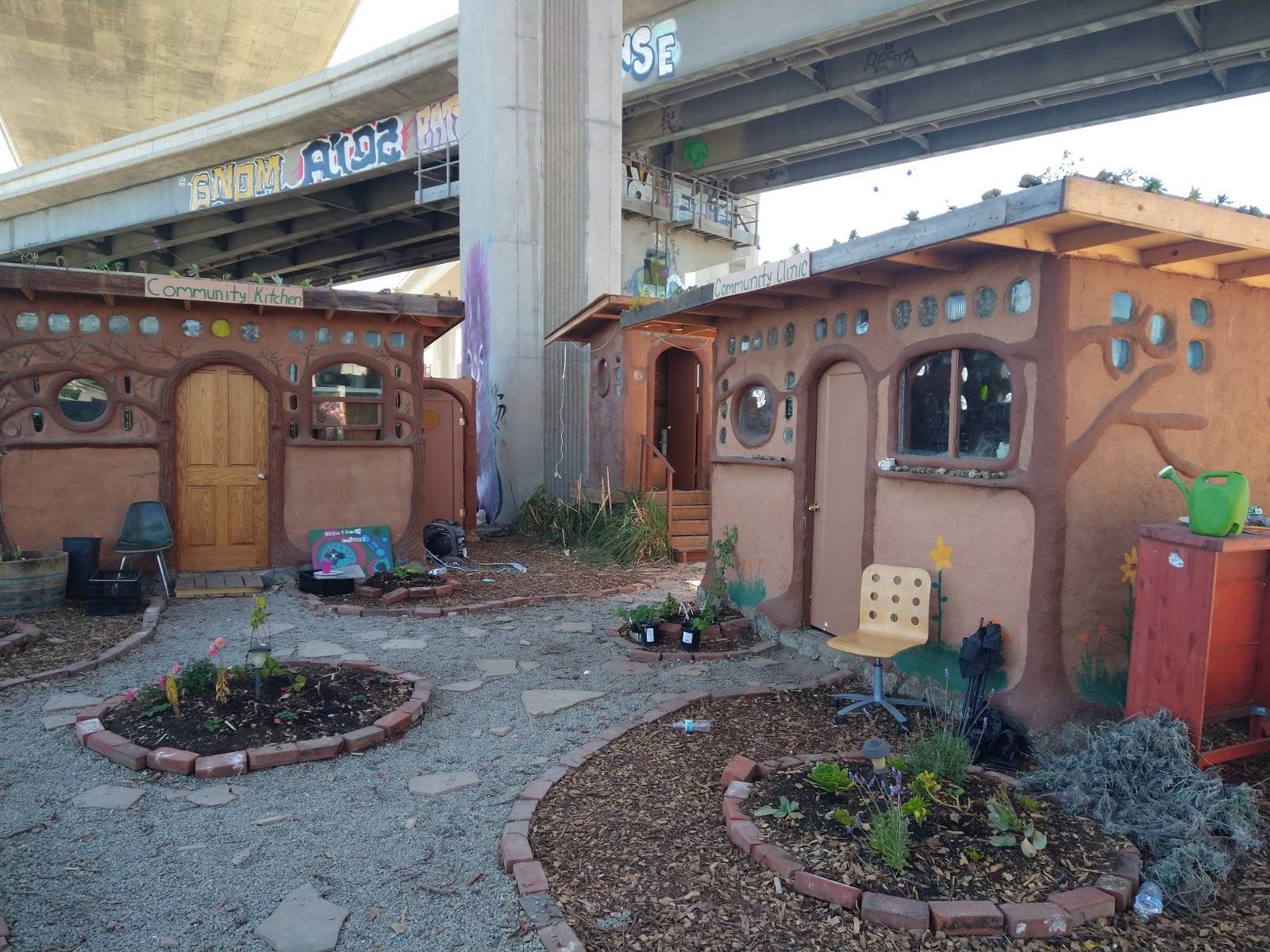The kitchen and community clinic at Cob on Wood, an eco-village built inside a massive homeless encampment in Oakland, where residents may soon be evicted.