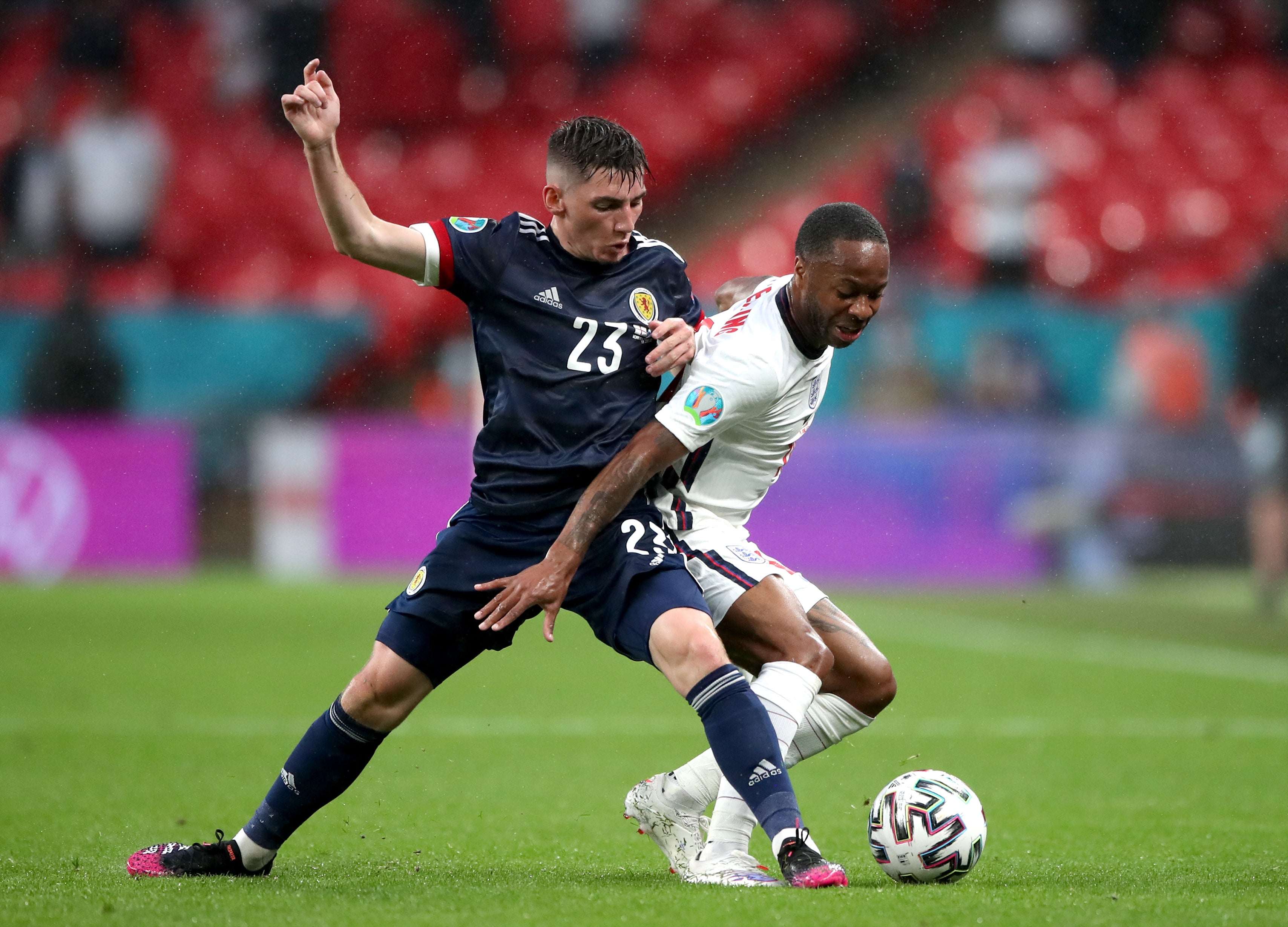Scotland’s Billy Gilmour, left, and England’s Raheem Sterling