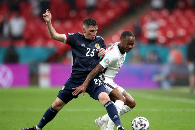 Scotland’s Billy Gilmour, left, and England’s Raheem Sterling