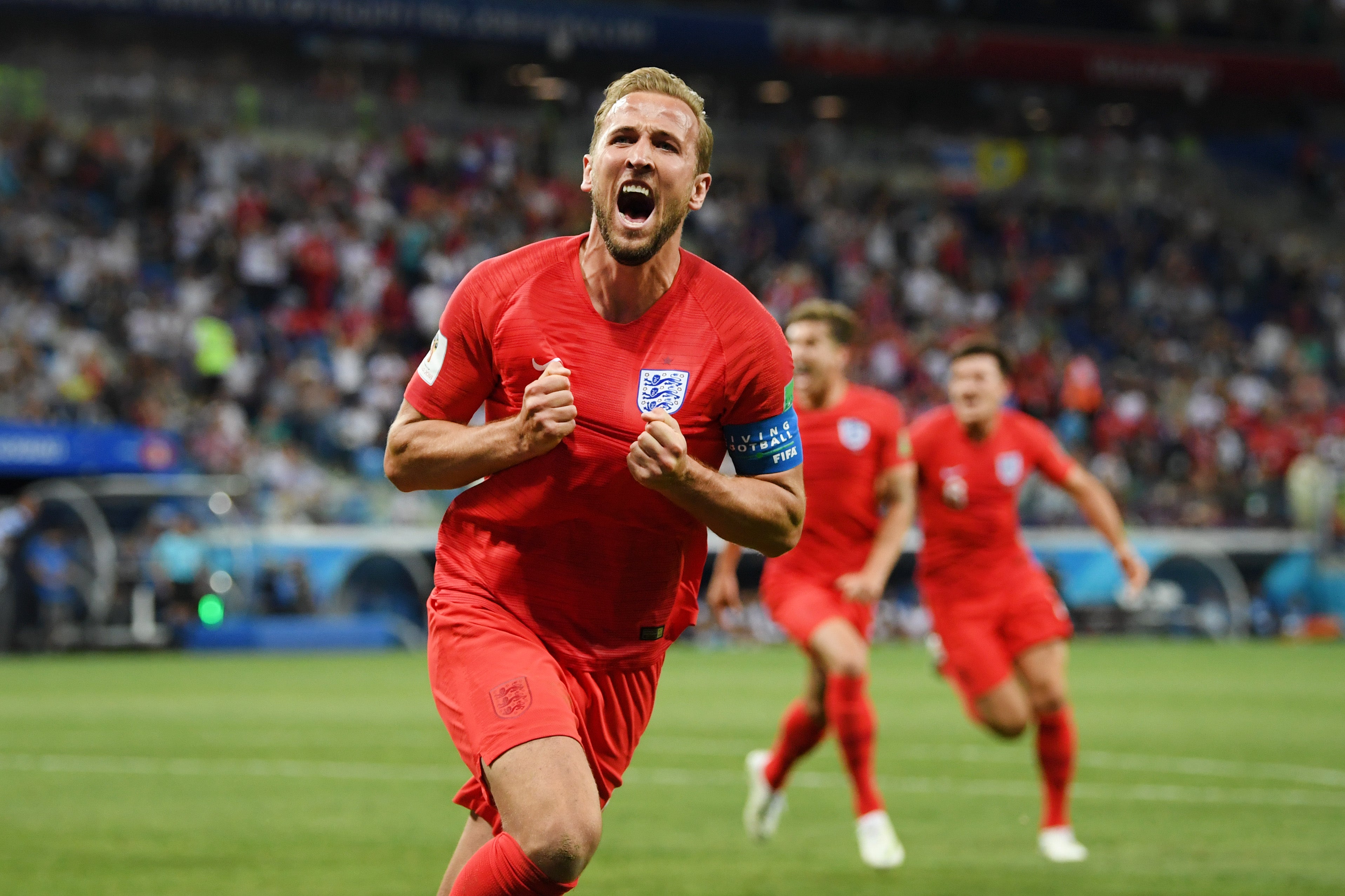 Kane celebrating a goal against Tunisia at the 2018 World Cup