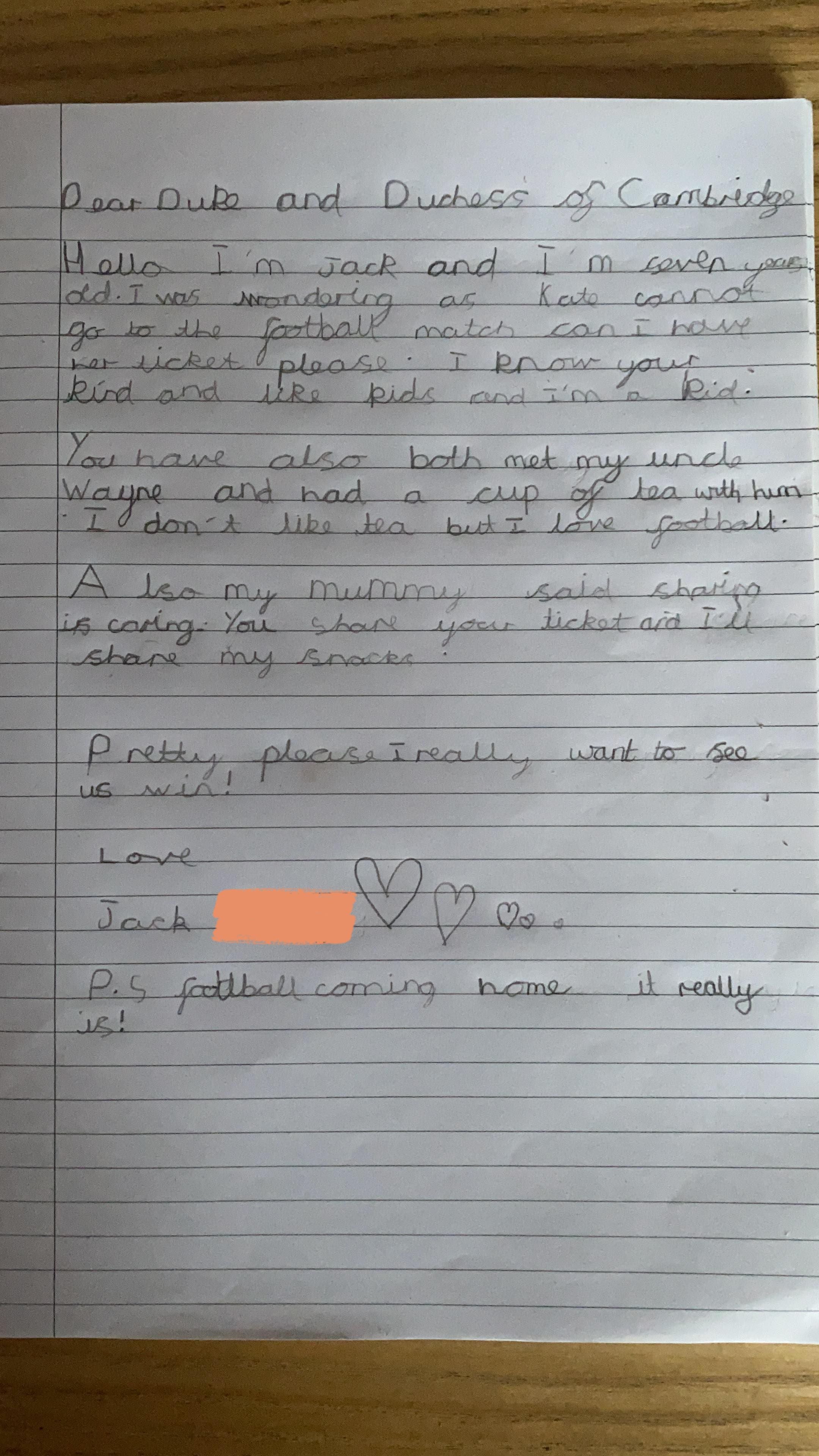 Seven-year-old Jack’s letter to the Duke and Duchess of Cambridge