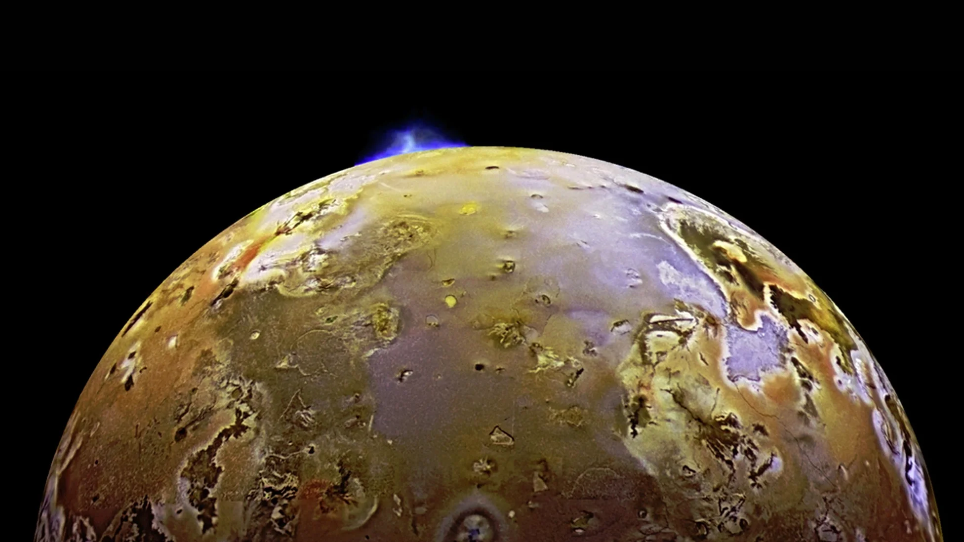 Io, one of the biggest of Jupiter’s 79 moons, is covered in volancoes that spew volcanic gas