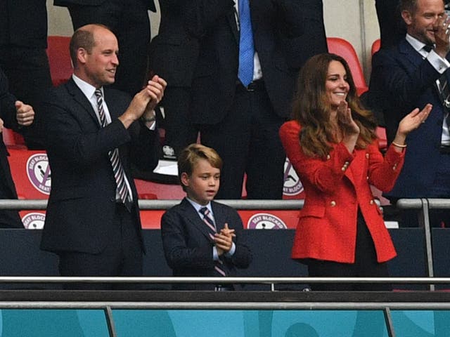 <p>Prince William, Prince George, and the Duchess of Cambridge celebrate the first goal in the UEFA EURO 2020 match between England and Germany </p>