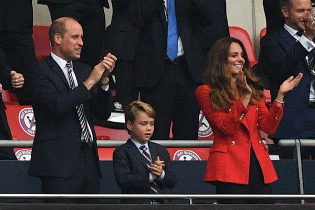 <p>Prince William, Prince George, and the Duchess of Cambridge celebrate the first goal in the UEFA EURO 2020 match between England and Germany </p>