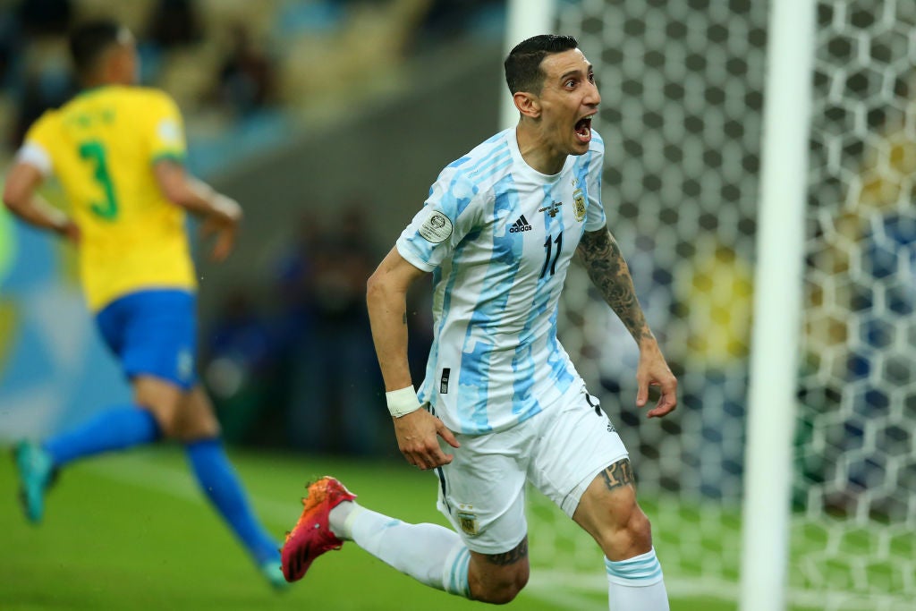 Angel Di Maria celebrates scoring in Argentina’s Copa America final win in 2021